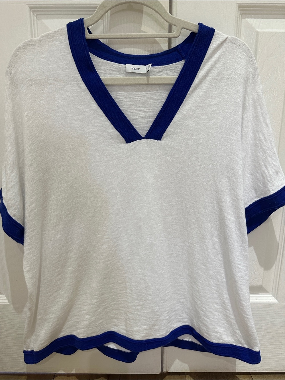 Vince Small White Tee with Royal Blue V-Neck & Trim (Oversized)